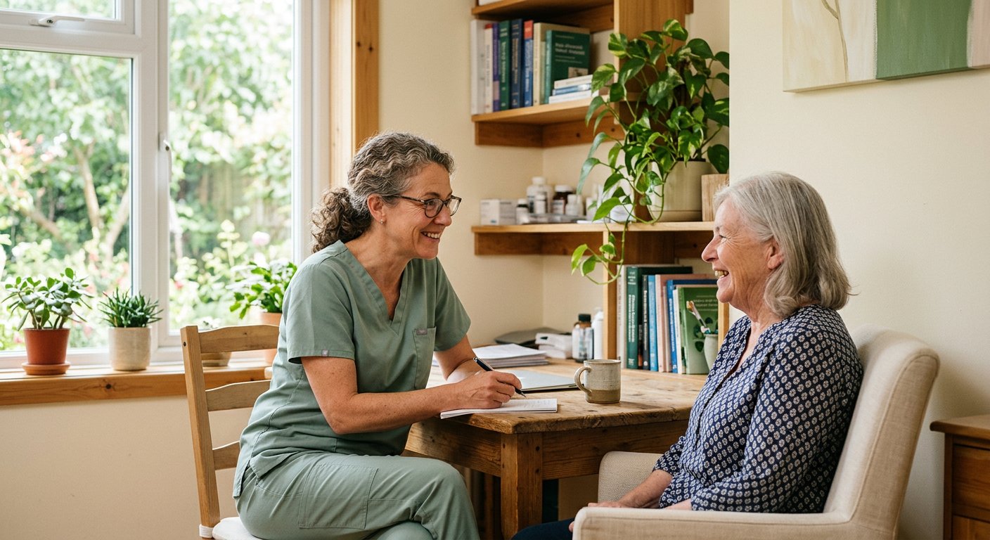 A physician listening warmly to a patient in a bright, welcoming clinic