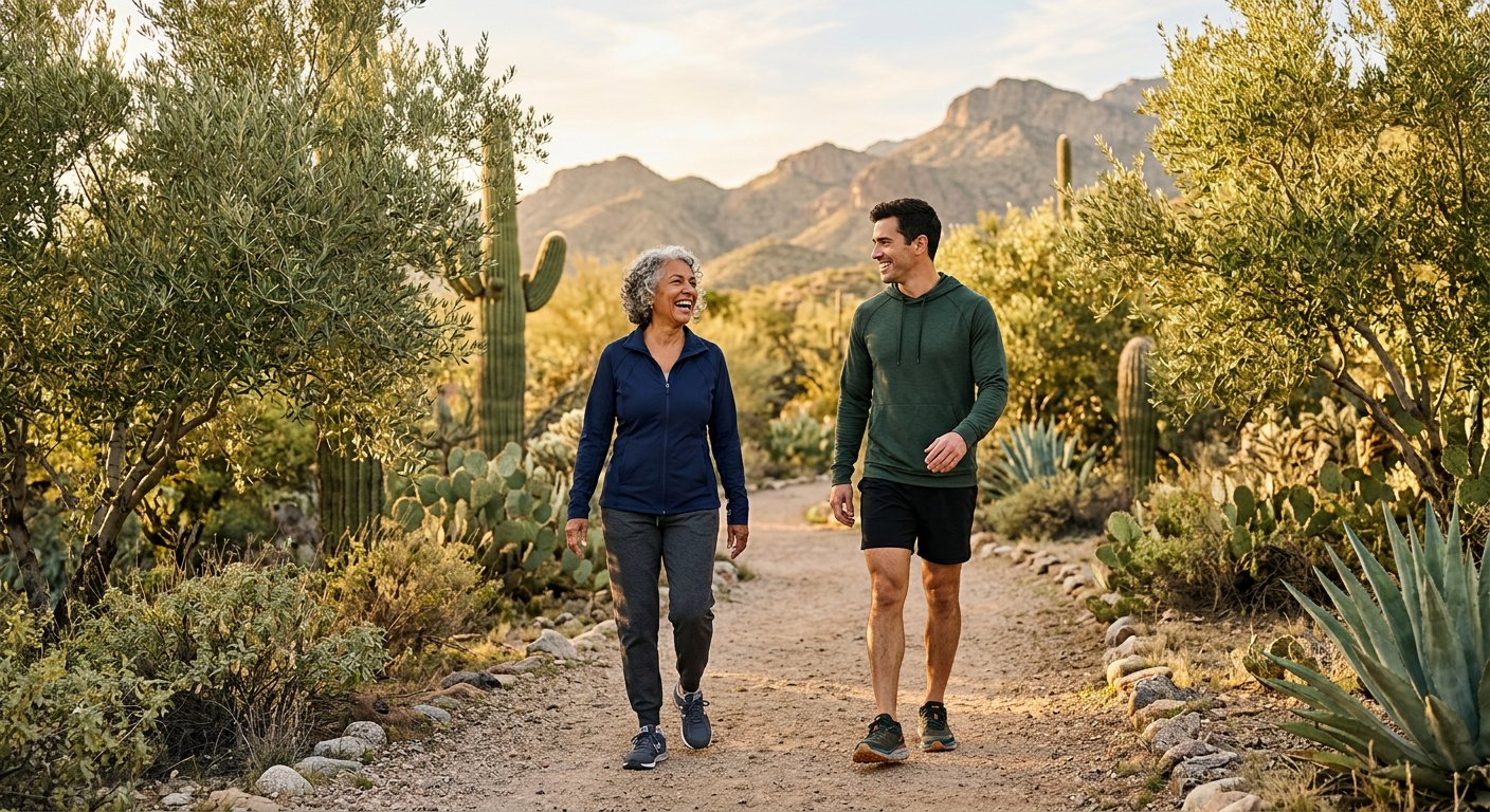 Two people walking together on a sunlit desert garden path