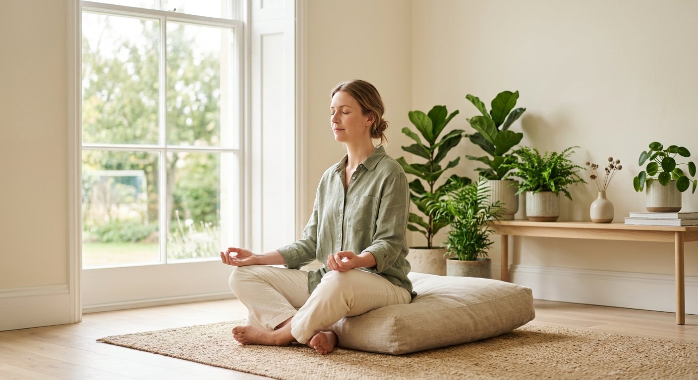 A woman practicing calm breathing meditation in a bright, plant-filled room